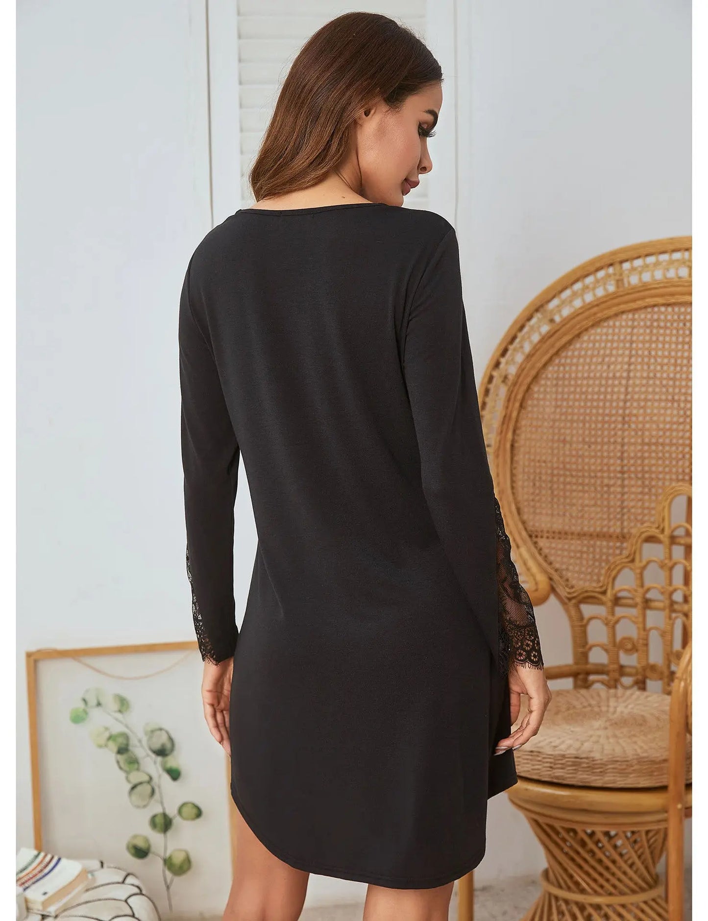 Nightdress Long Sleeve Lace Stitching Fake Placket Nightdress - luxuriesbliss