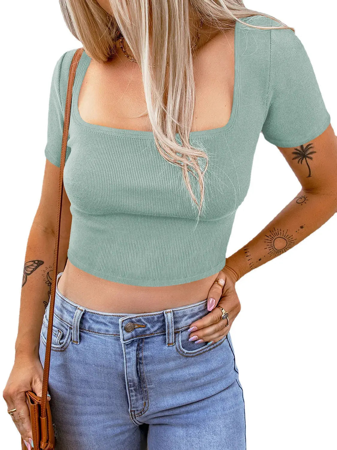 Women's Square Collar Thread Knitted Ultra Short Top Short Sleeve - luxuriesbliss