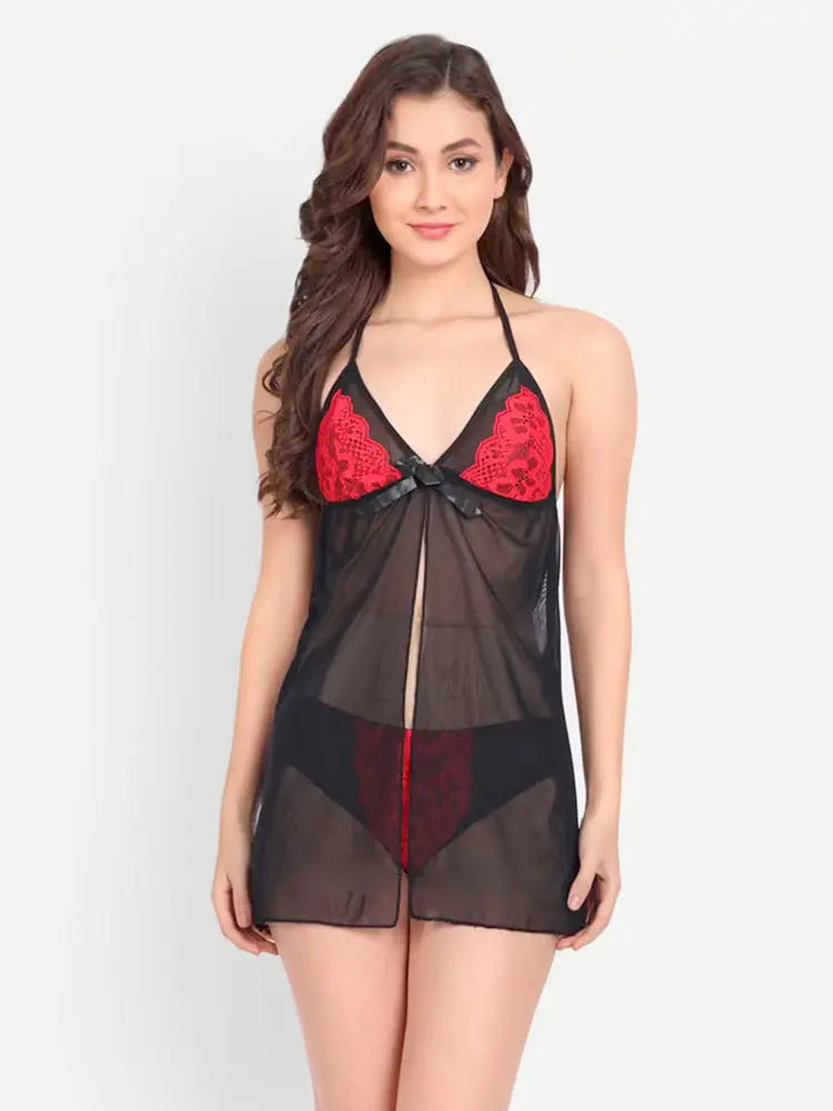 Women's Sexy Black and Red Lingerie Set - Lace Babydoll with Sheer Mesh and Halter Neck Design - luxuriesbliss