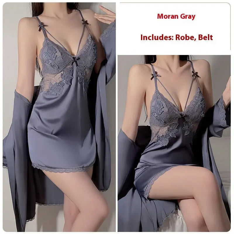 Ruoruo Ice Silk Pure Desire Slip Nightdress Outerwear Gown Suit - luxuriesbliss