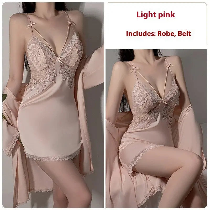 Ruoruo Ice Silk Pure Desire Slip Nightdress Outerwear Gown Suit - luxuriesbliss