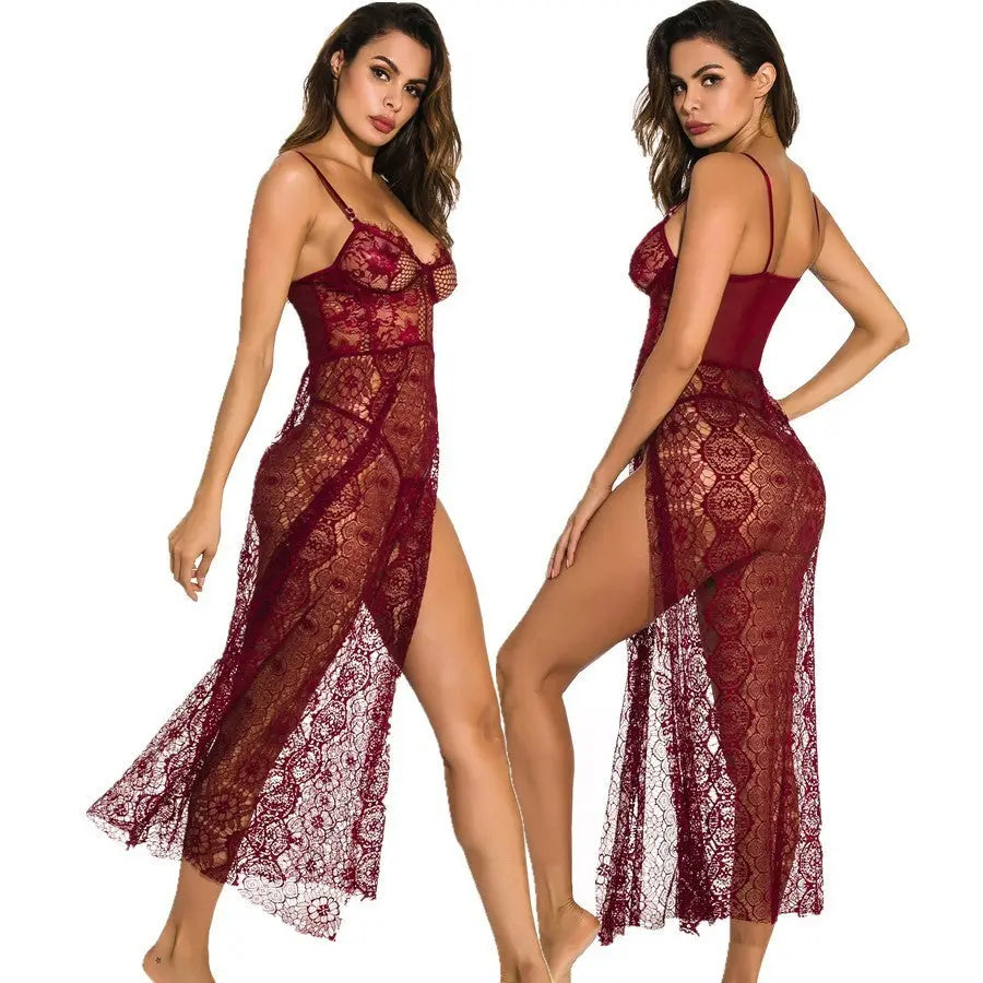 Underwear Long See-through High Slit Pajamas Nightgown Nightgown - luxuriesbliss