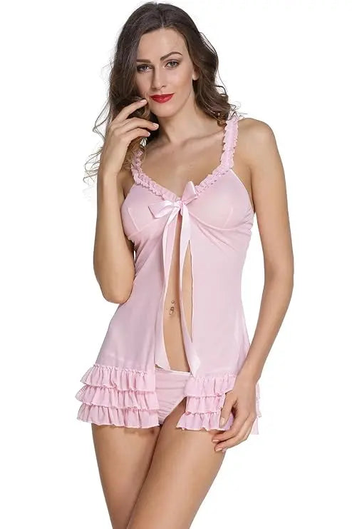 Women's Sexy Lingerie Set - Lace Trimmed Babydoll Sleepwear with Ruffled Hem and Bowknot Front - Available in Pink and White - luxuriesbliss
