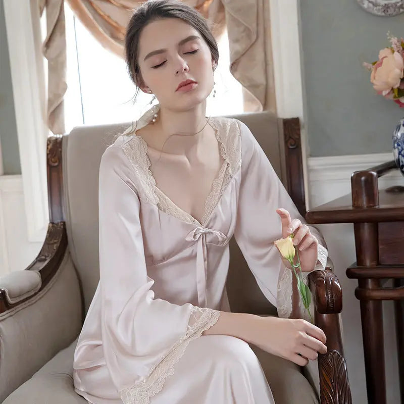 Romantic Nightgown Nightwear Princess Women Vintage Sleepwear Satin - luxuriesbliss