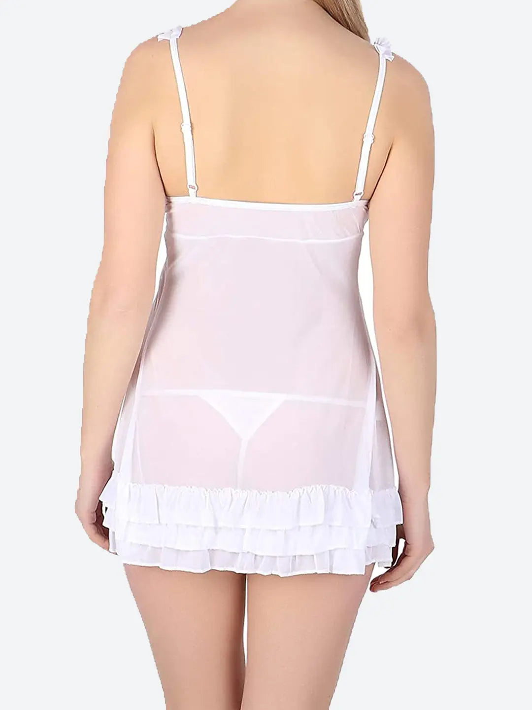 Sexy Lingerie Set - Lace Trimmed Babydoll Sleepwear with Ruffled Hem and Bowknot Front - Available in Pink and White - luxuriesbliss