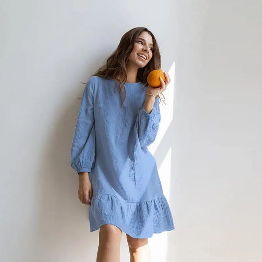 Solid Color Cotton Long-sleeved Nightdress Skirt - luxuriesbliss