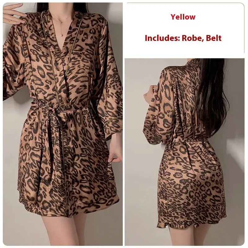Premium Low-cut Leopard Print Women's Suspender Nightdress Outerwear Gown Suit - luxuriesbliss