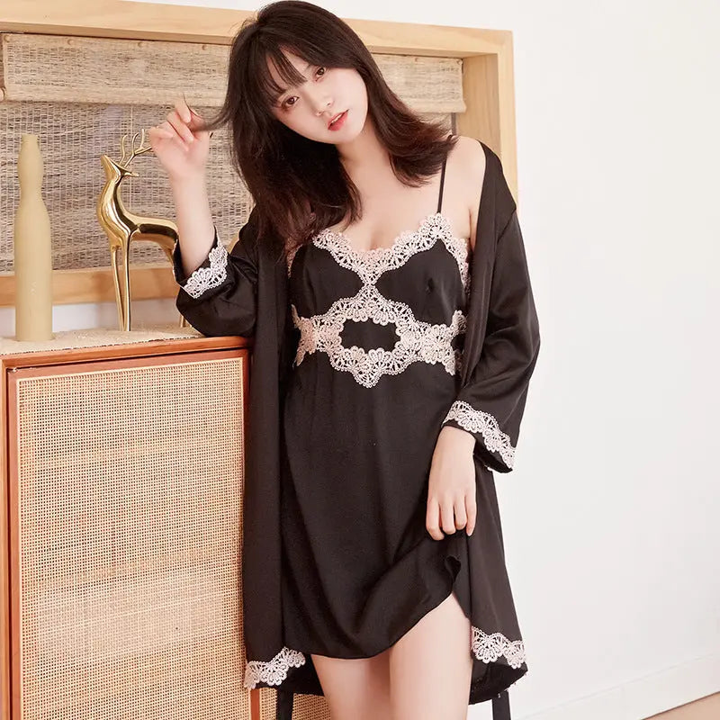 Two-piece Long Sleeve Satin Nightgown - luxuriesbliss
