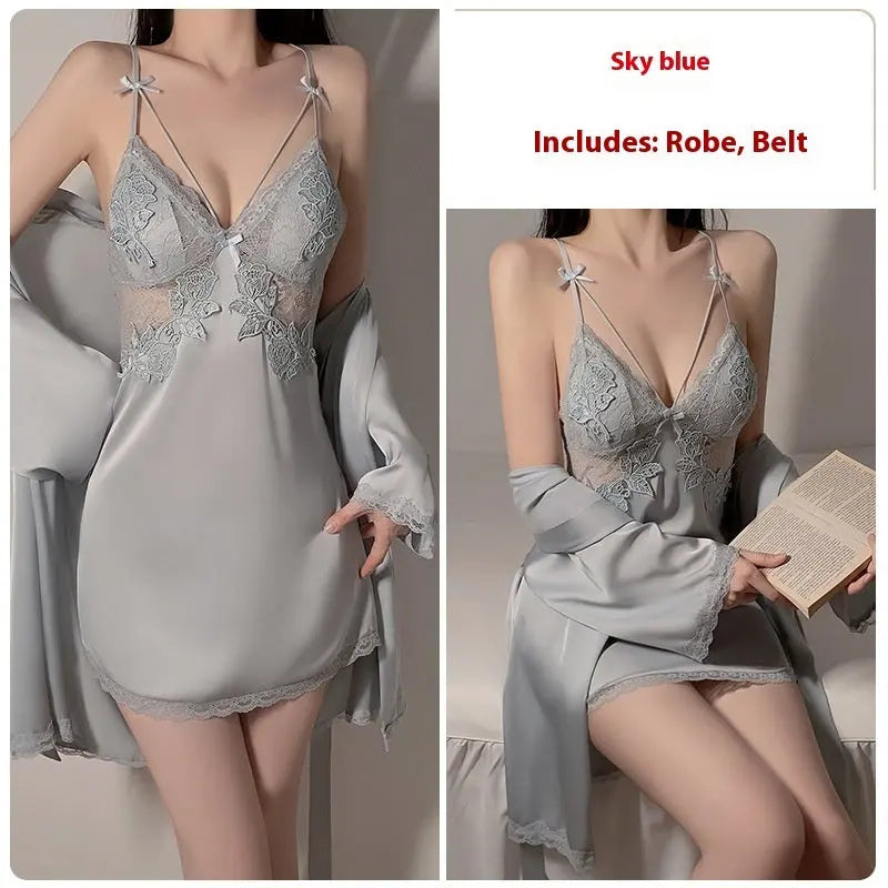 Ruoruo Ice Silk Pure Desire Slip Nightdress Outerwear Gown Suit - luxuriesbliss