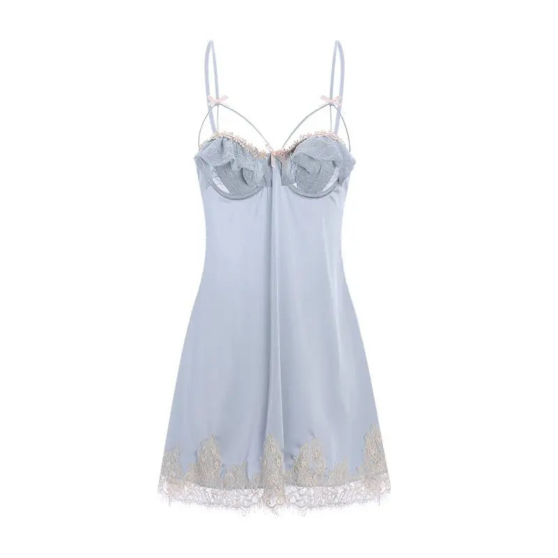 Pajamas Lace Steel Ring Slip Nightdress Outerwear Gown Suit With Chest Pad - luxuriesbliss