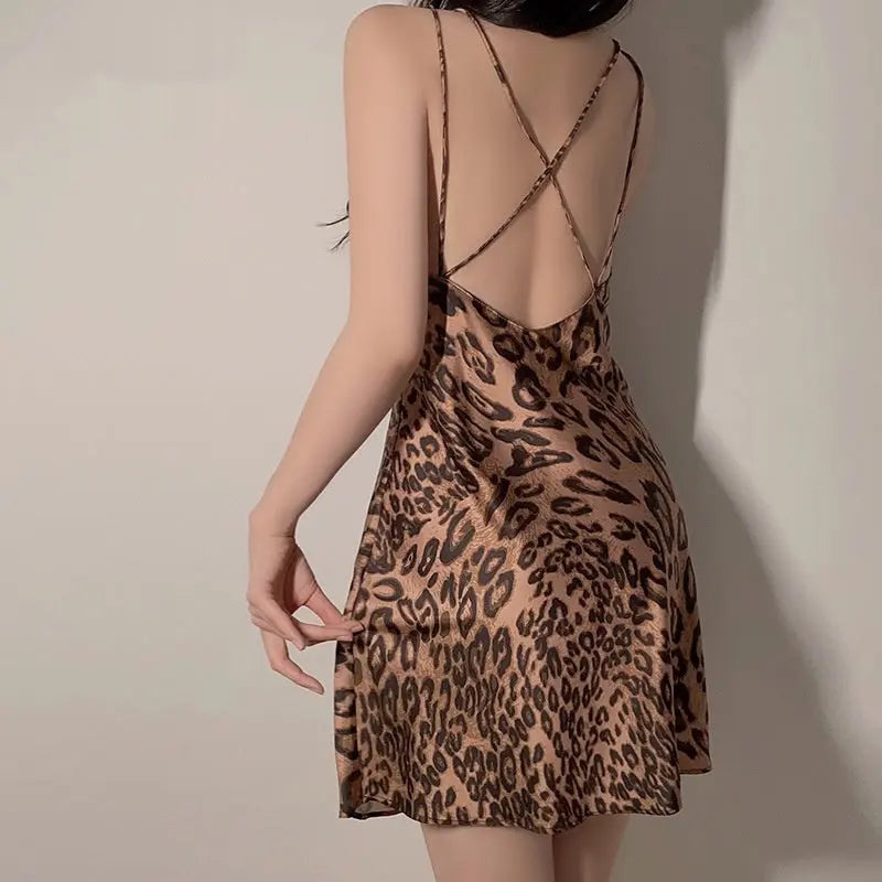 Premium Low-cut Leopard Print Women's Suspender Nightdress Outerwear Gown Suit - luxuriesbliss