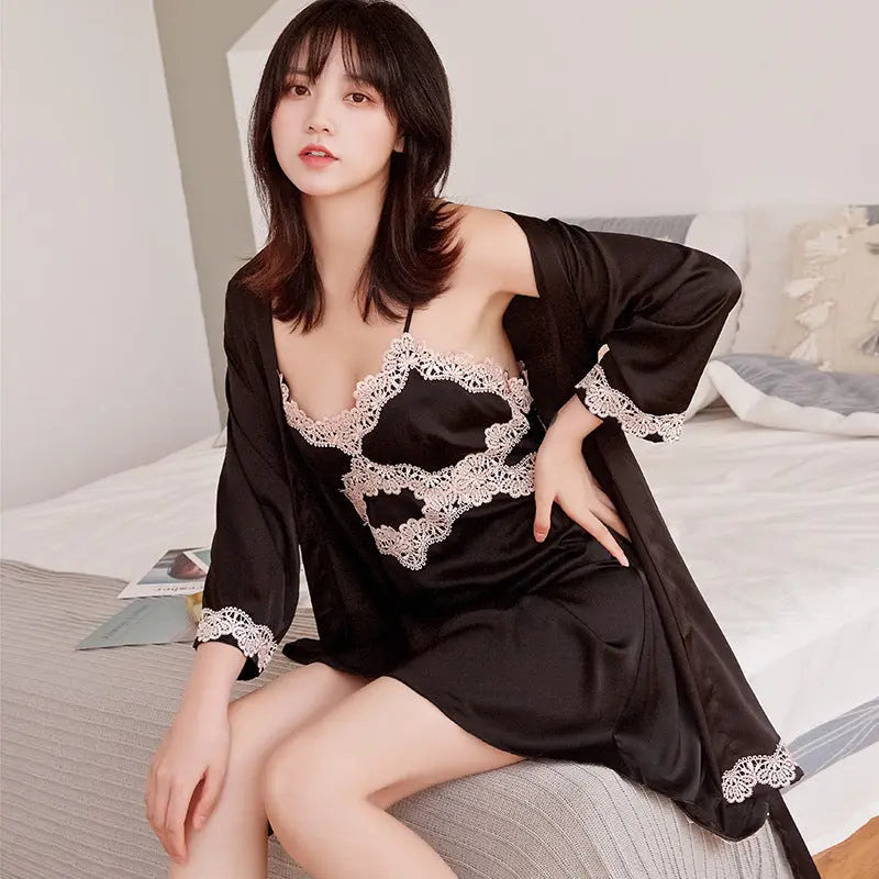 Two-piece Long Sleeve Satin Nightgown - luxuriesbliss