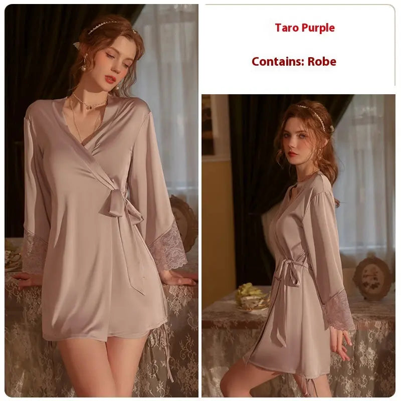 Drawstring Lace Backless Low-cut Solid Color Satin Slip Nightdress - luxuriesbliss
