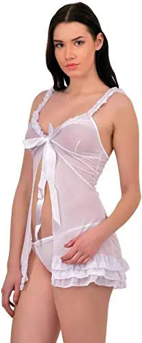 Women's Sexy Lingerie Set - Lace Trimmed Babydoll Sleepwear with Ruffled Hem and Bowknot Front - Available in Pink and White - luxuriesbliss
