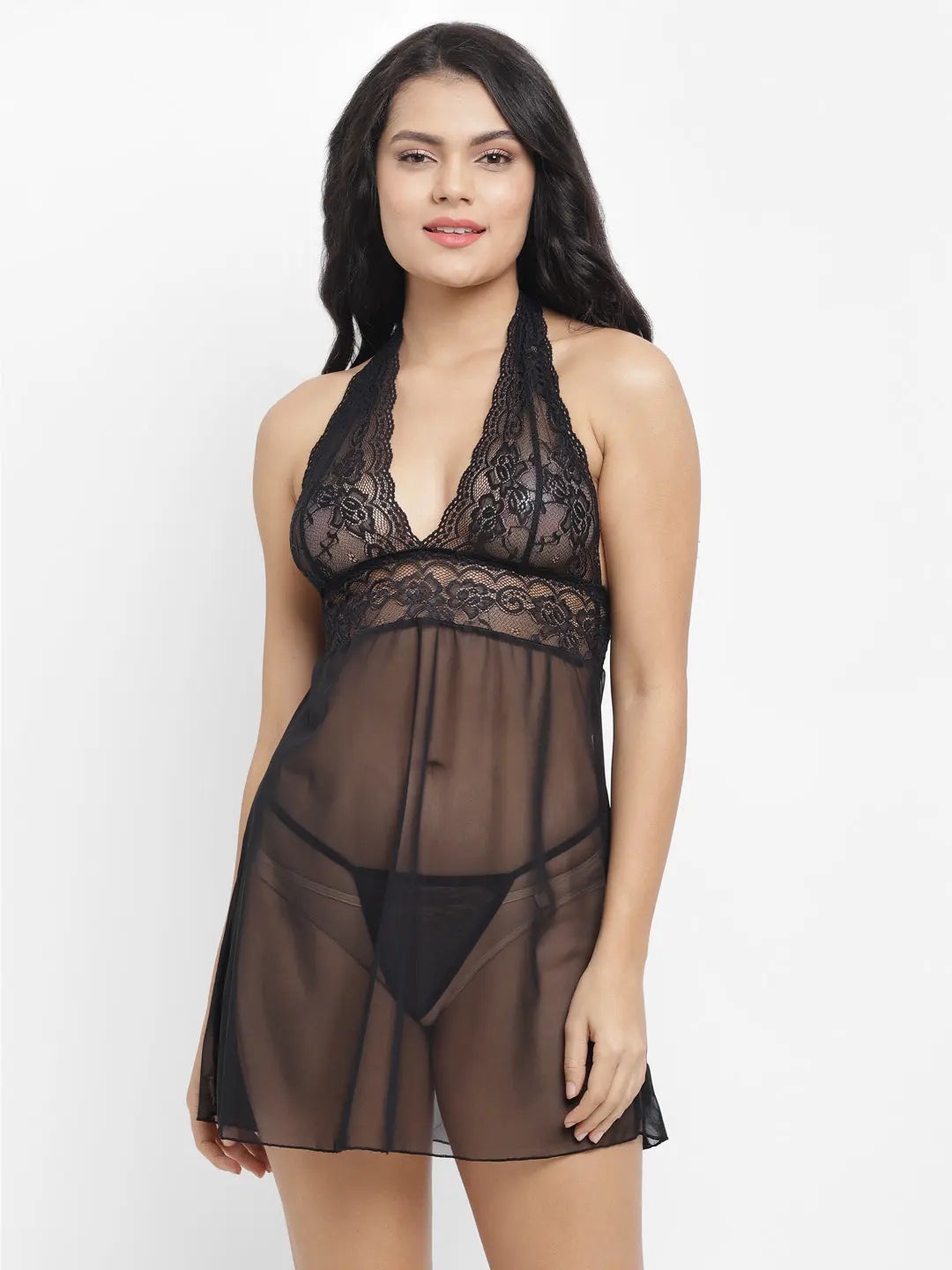 Sheer Luxury: Women's Sexy Deep Neck Babydoll Nighty with G-String Panty -  Soft Nylon Lace - luxuriesbliss