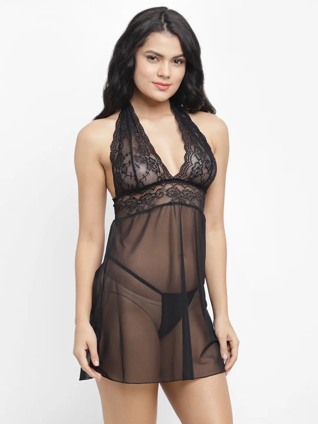 Sheer Luxury: Women's Sexy Deep Neck Babydoll Nighty with G-String Panty -  Soft Nylon Lace - luxuriesbliss