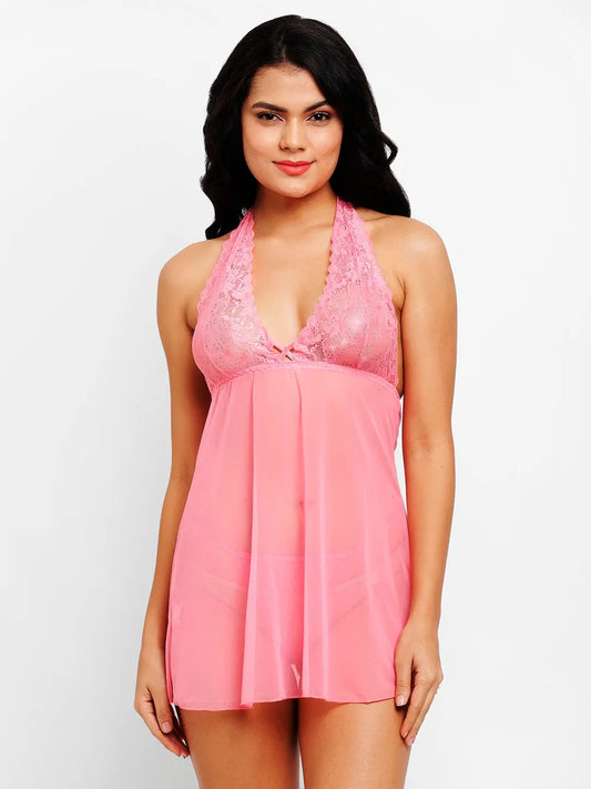 Women's Lace & Polyamide Spandex Mix Floral Mini Pink or Black Babydoll With Panty - luxuriesbliss