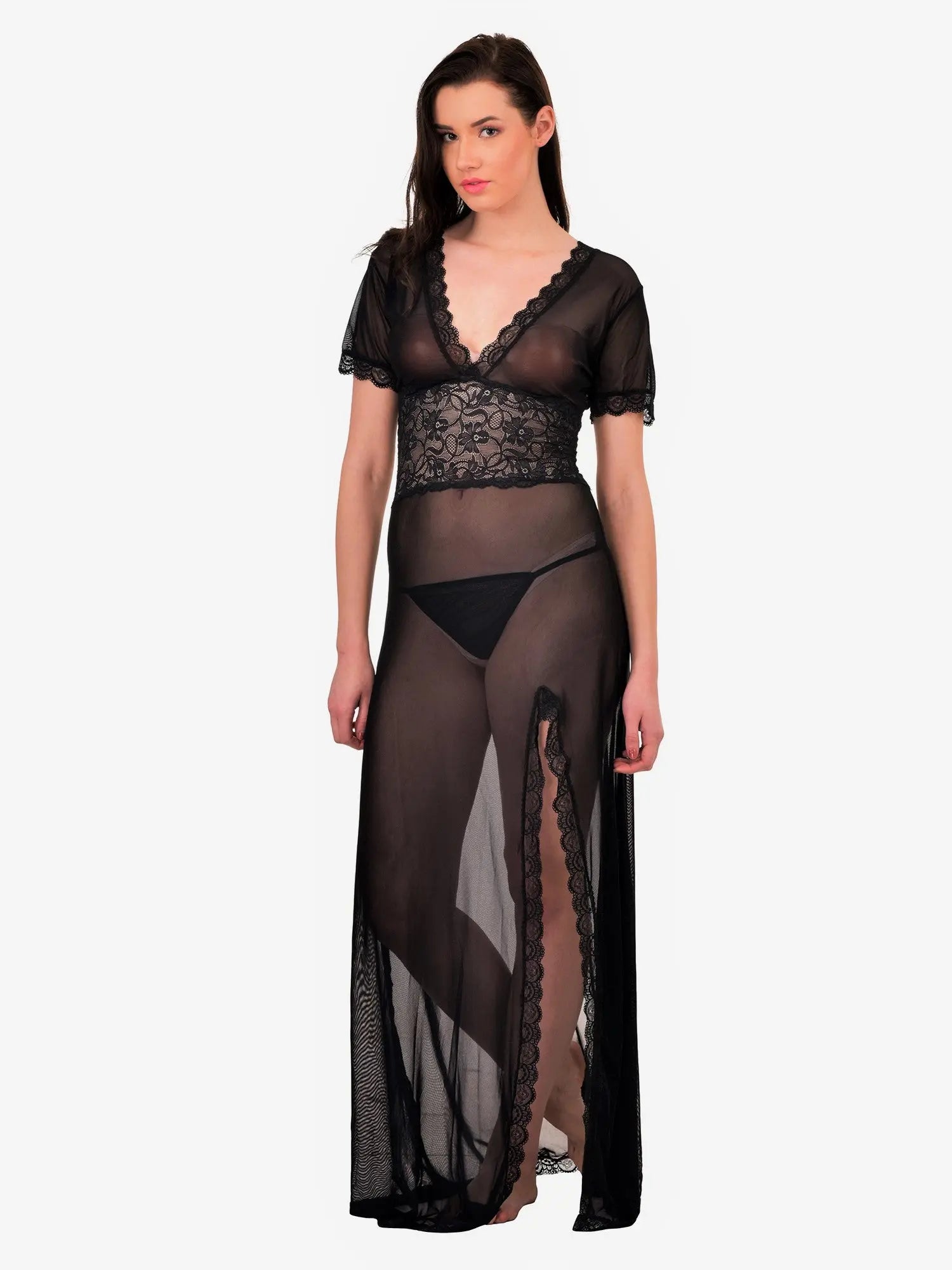 Sexy Deep V Neck Hot Honeymoon Maxi Night Dress Nightwear with G-String Panty Trendy Night Gown for Women - luxuriesbliss