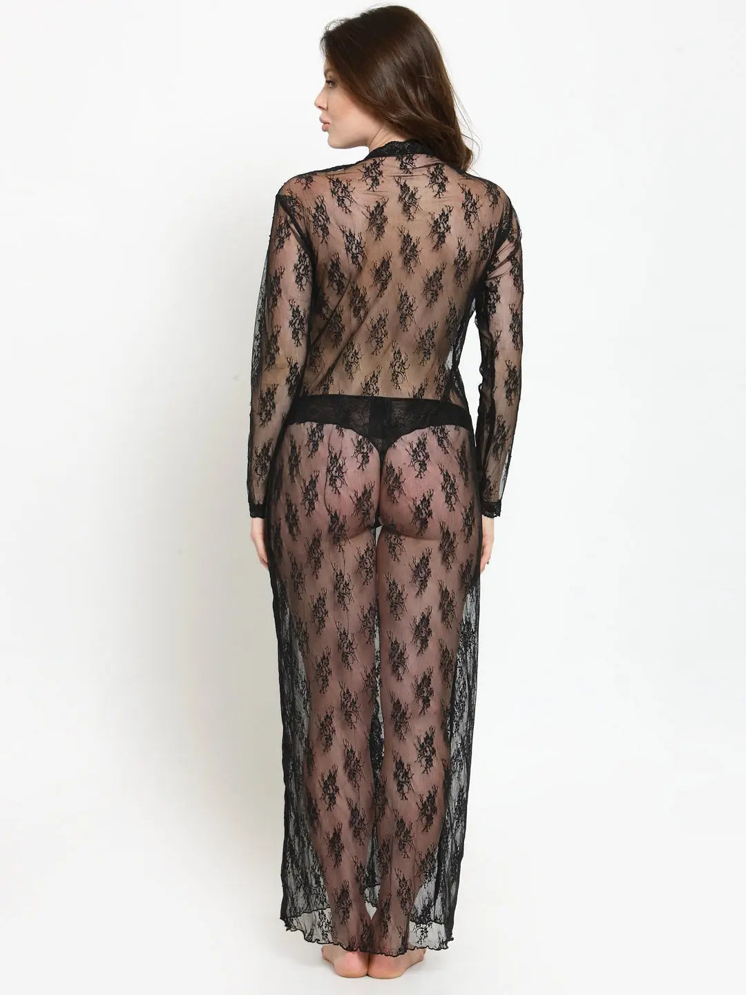 Women Open Front Long Sleeves Floral Sheer Full Length Bridal Night Robe - luxuriesbliss