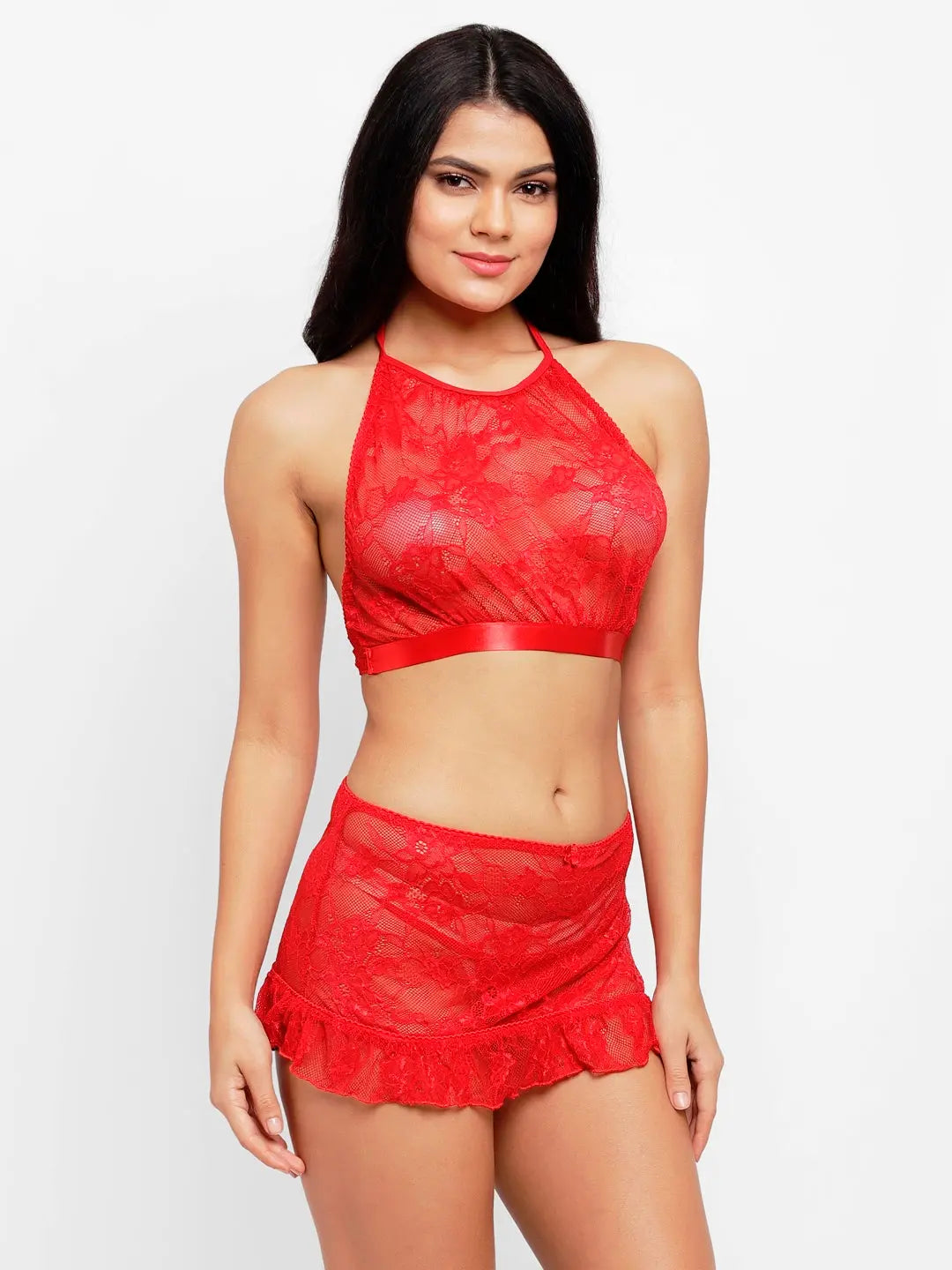 Lace High Neck Crop Top Bra Short Skirt Set - luxuriesbliss