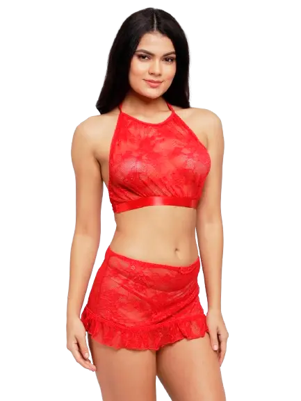 Lace High Neck Crop Top Bra Short Skirt Set - luxuriesbliss