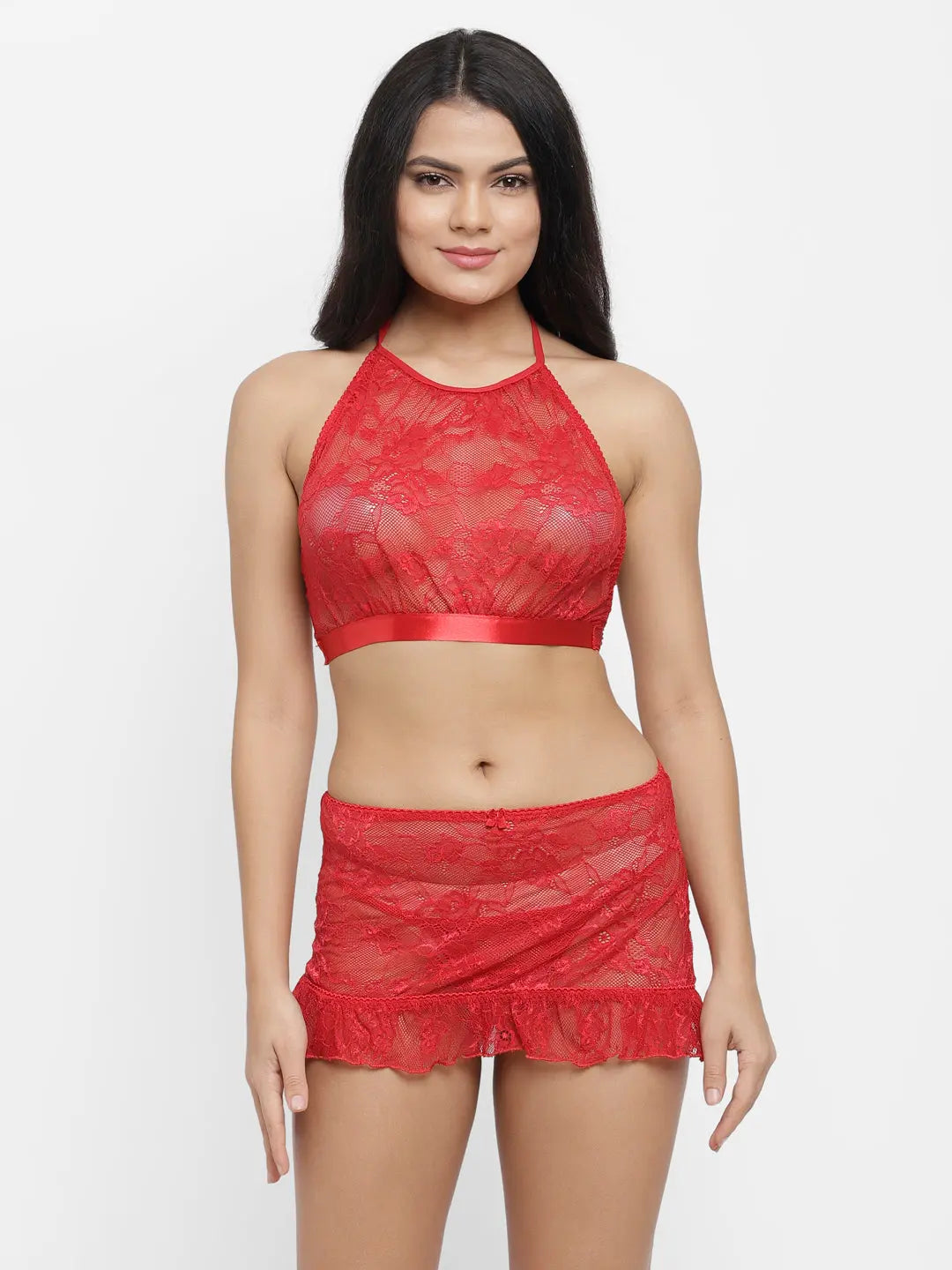Lace High Neck Crop Top Bra Short Skirt Set - luxuriesbliss