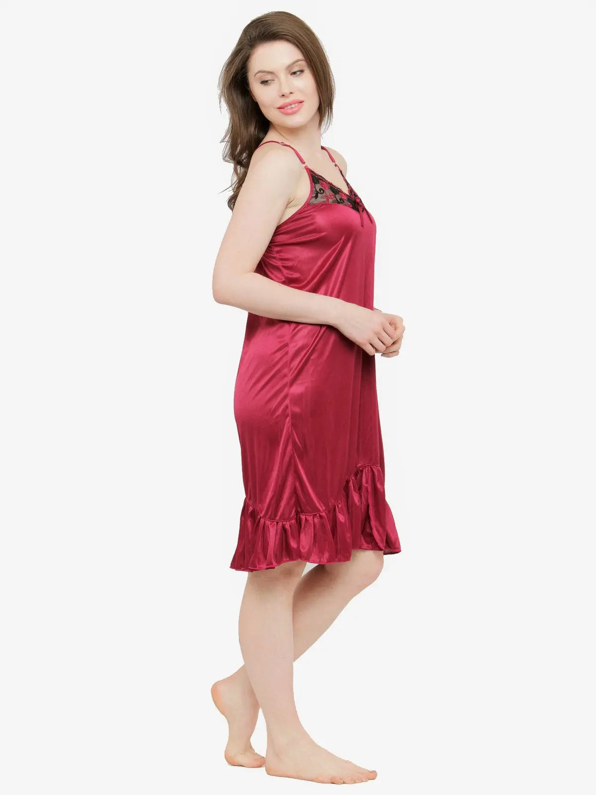 Women's Satin Lace Deep Neck Ruffle Edge Nighty Night Dress Nightwear_Maroon - luxuriesbliss