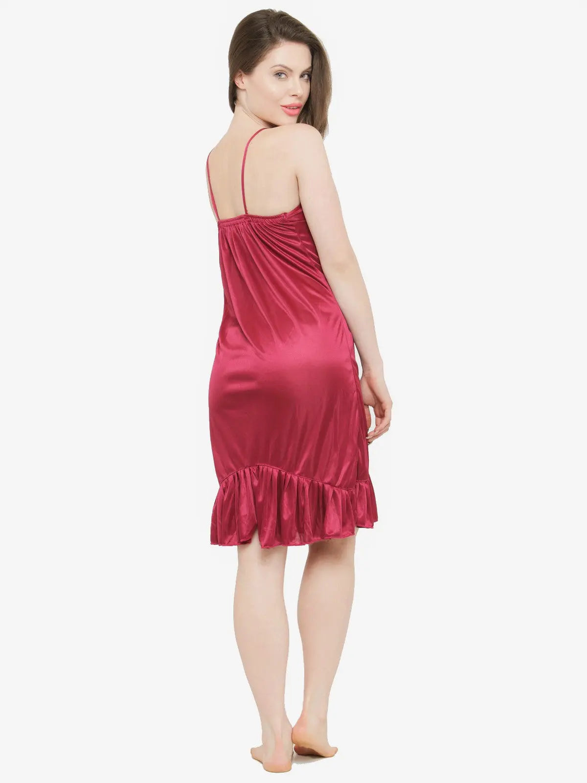 Women's Satin Lace Deep Neck Ruffle Edge Nighty Night Dress Nightwear_Maroon - luxuriesbliss