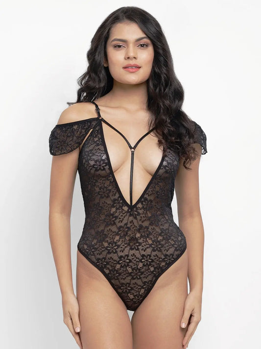 Sexy Black Lace Bodysuit for Women - Off-Shoulder Strappy Lingerie with Deep Plunge Design - luxuriesbliss