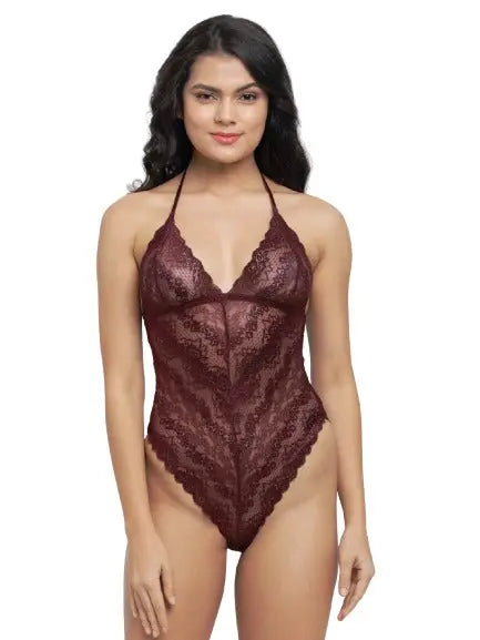 Lycra Lace Deep Neck Leotard Teddy Bodysuit Maroon and Red - luxuriesbliss