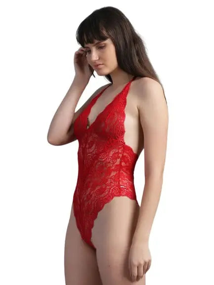 Lycra Lace Deep Neck Leotard Teddy Bodysuit Maroon and Red - luxuriesbliss