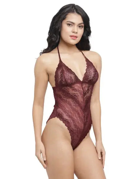 Lycra Lace Deep Neck Leotard Teddy Bodysuit Maroon and Red - luxuriesbliss