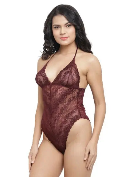 Lycra Lace Deep Neck Leotard Teddy Bodysuit Maroon and Red - luxuriesbliss