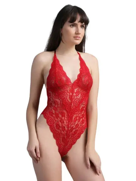 Lycra Lace Deep Neck Leotard Teddy Bodysuit Maroon and Red - luxuriesbliss