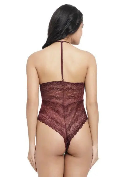 Lycra Lace Deep Neck Leotard Teddy Bodysuit Maroon and Red - luxuriesbliss