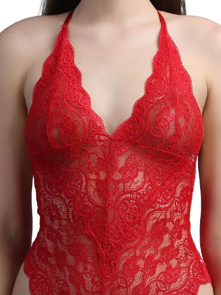 Lycra Lace Deep Neck Leotard Teddy Bodysuit Maroon and Red - luxuriesbliss