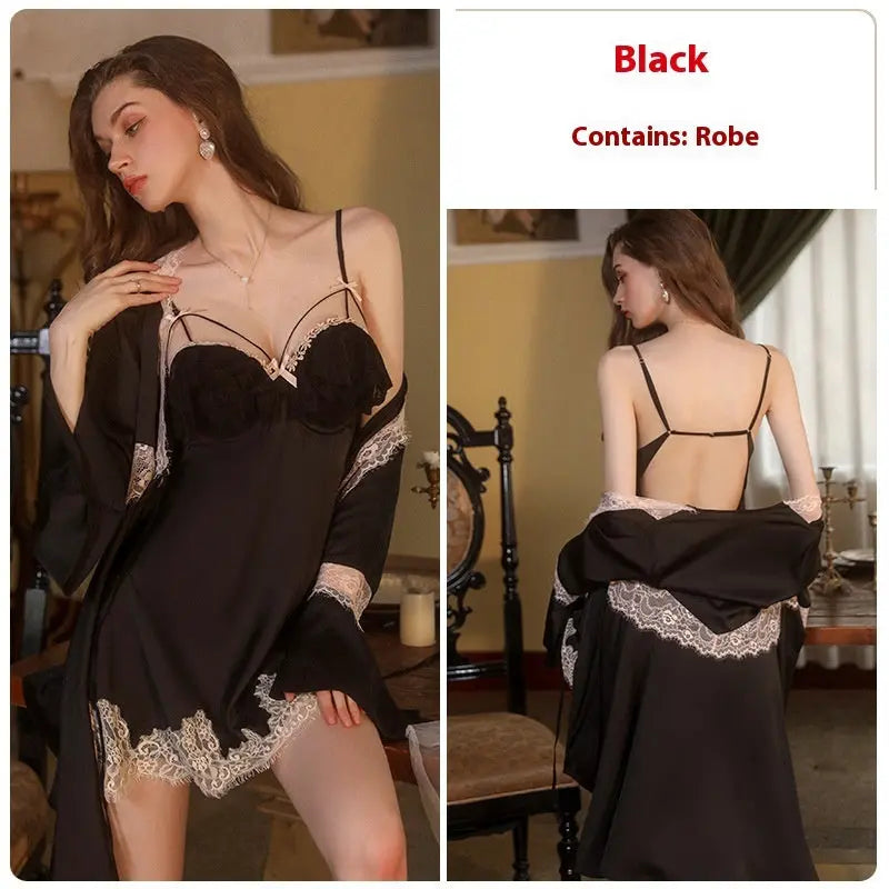 Pajamas Lace Steel Ring Slip Nightdress Outerwear Gown Suit With Chest Pad - luxuriesbliss