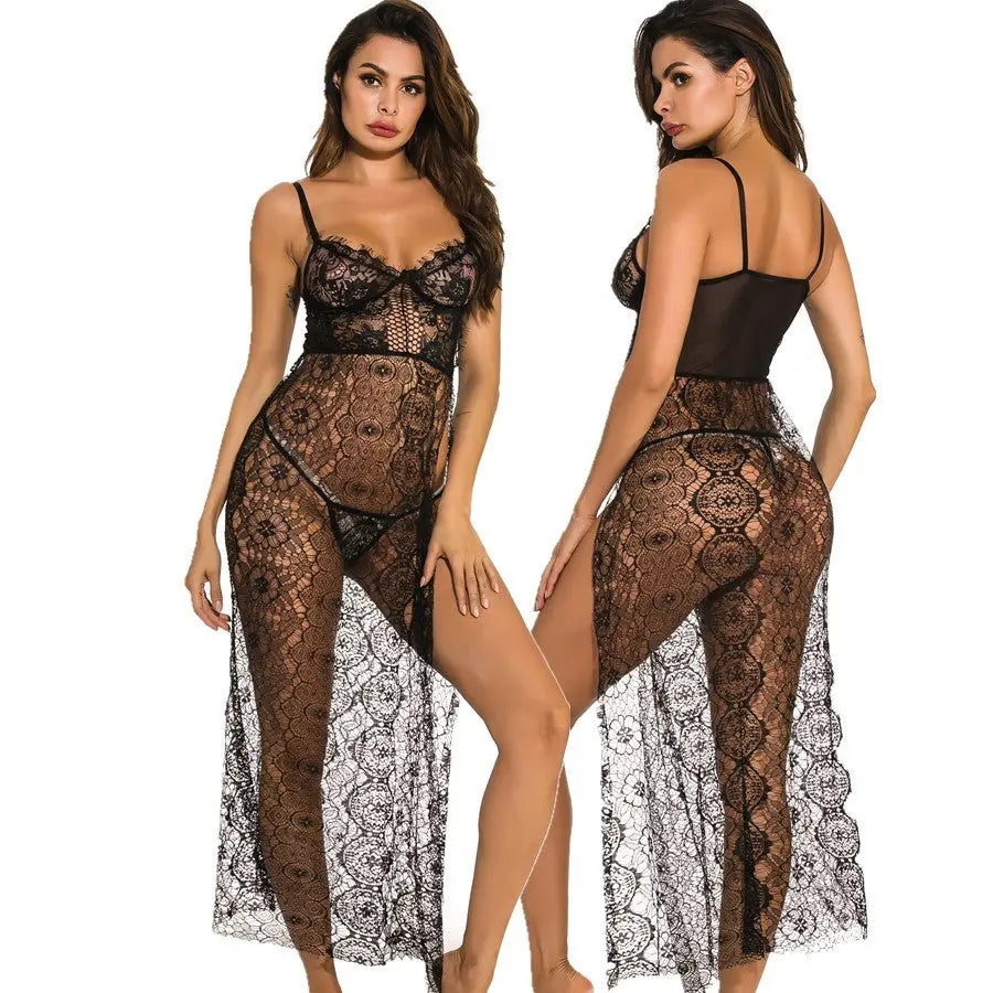 Underwear Long See-through High Slit Pajamas Nightgown Nightgown - luxuriesbliss