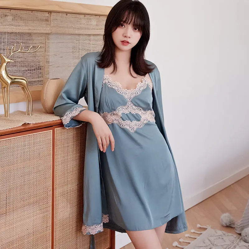 Two-piece Long Sleeve Satin Nightgown - luxuriesbliss