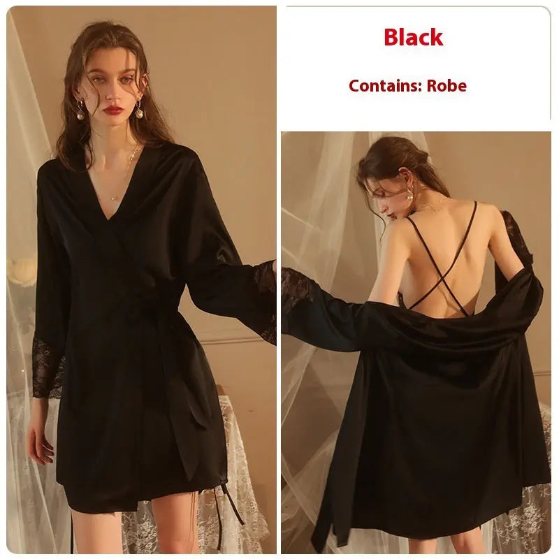 Drawstring Lace Backless Low-cut Solid Color Satin Slip Nightdress - luxuriesbliss