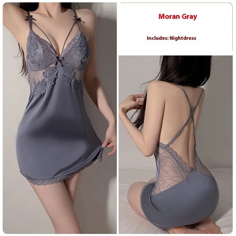 Ruoruo Ice Silk Pure Desire Slip Nightdress Outerwear Gown Suit - luxuriesbliss