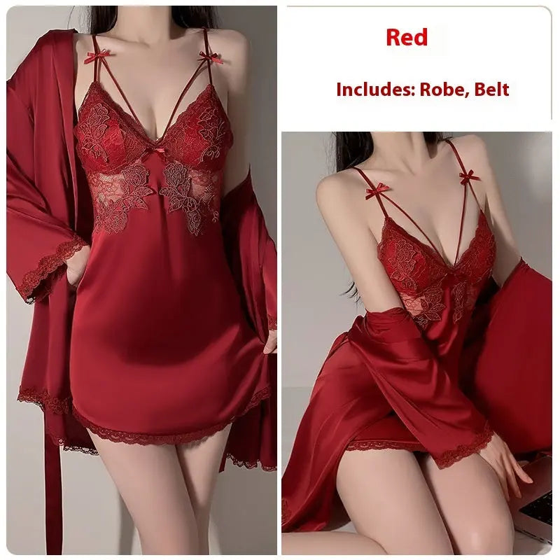 Ruoruo Ice Silk Pure Desire Slip Nightdress Outerwear Gown Suit - luxuriesbliss