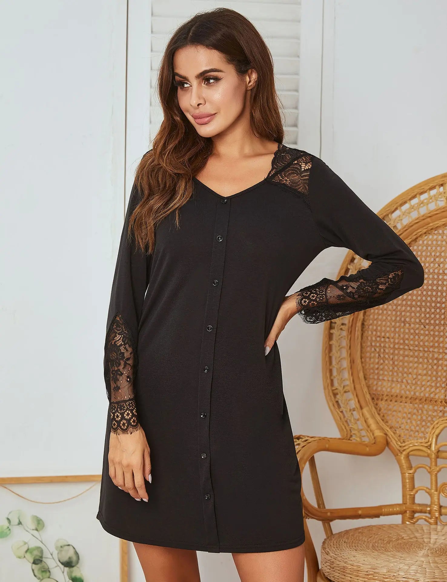 Nightdress Long Sleeve Lace Stitching Fake Placket Nightdress - luxuriesbliss