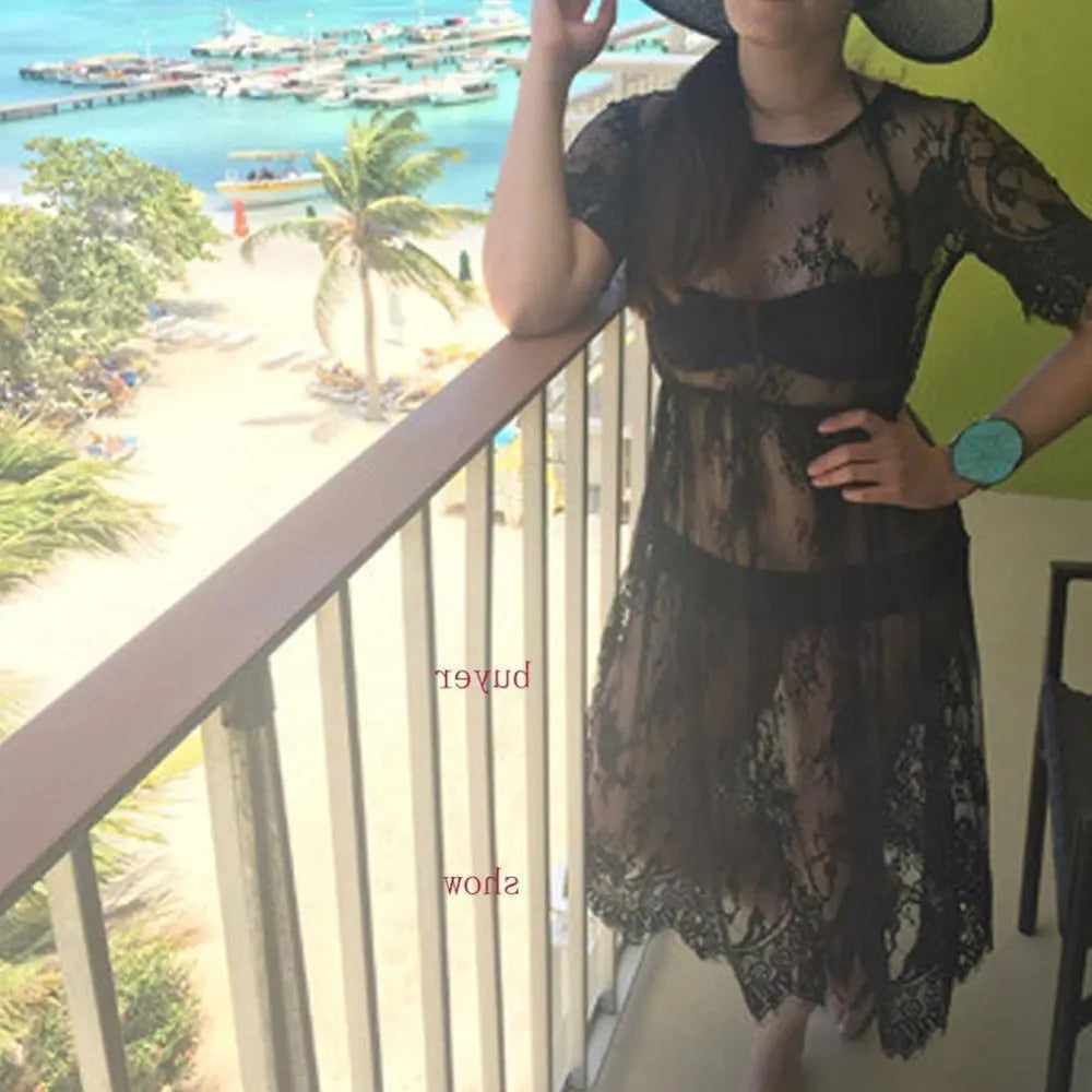 Women Hollow Out Transparent Dress Sleeve Beach Dress CJ