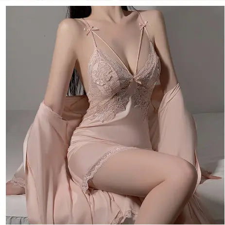 Ruoruo Ice Silk Pure Desire Slip Nightdress Outerwear Gown Suit - luxuriesbliss