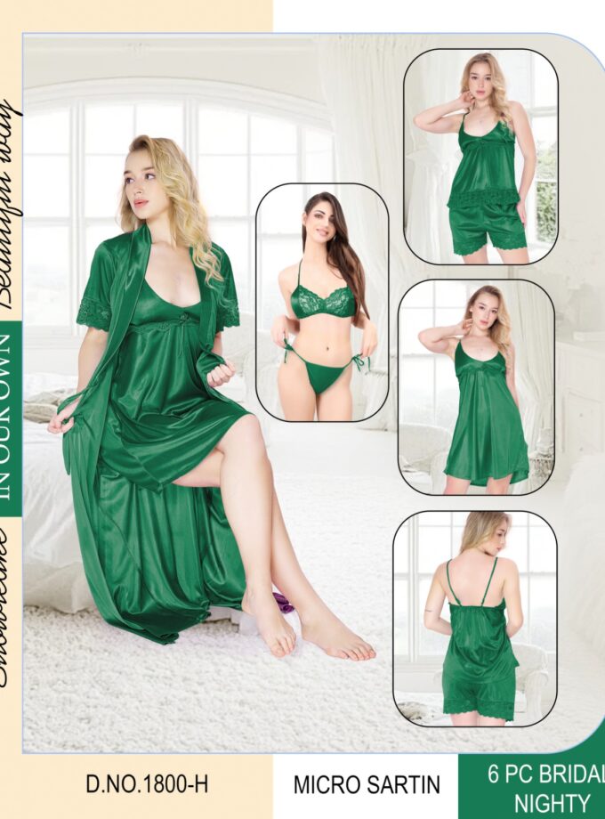 Luxury 6-Piece Bridal Nightwear Set | Micro Satin Silk Nighty, Bra & Robe | Honeymoon Lingerie Set for Women | Elegant Bridal Gift