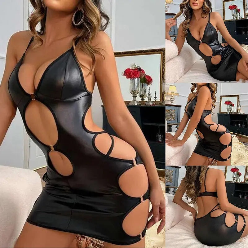 European And American Foreign Trade Sexy Lingerie Sexy Black Patent Leather Halter Hollow-out Dress Game Outfit - luxuriesbliss