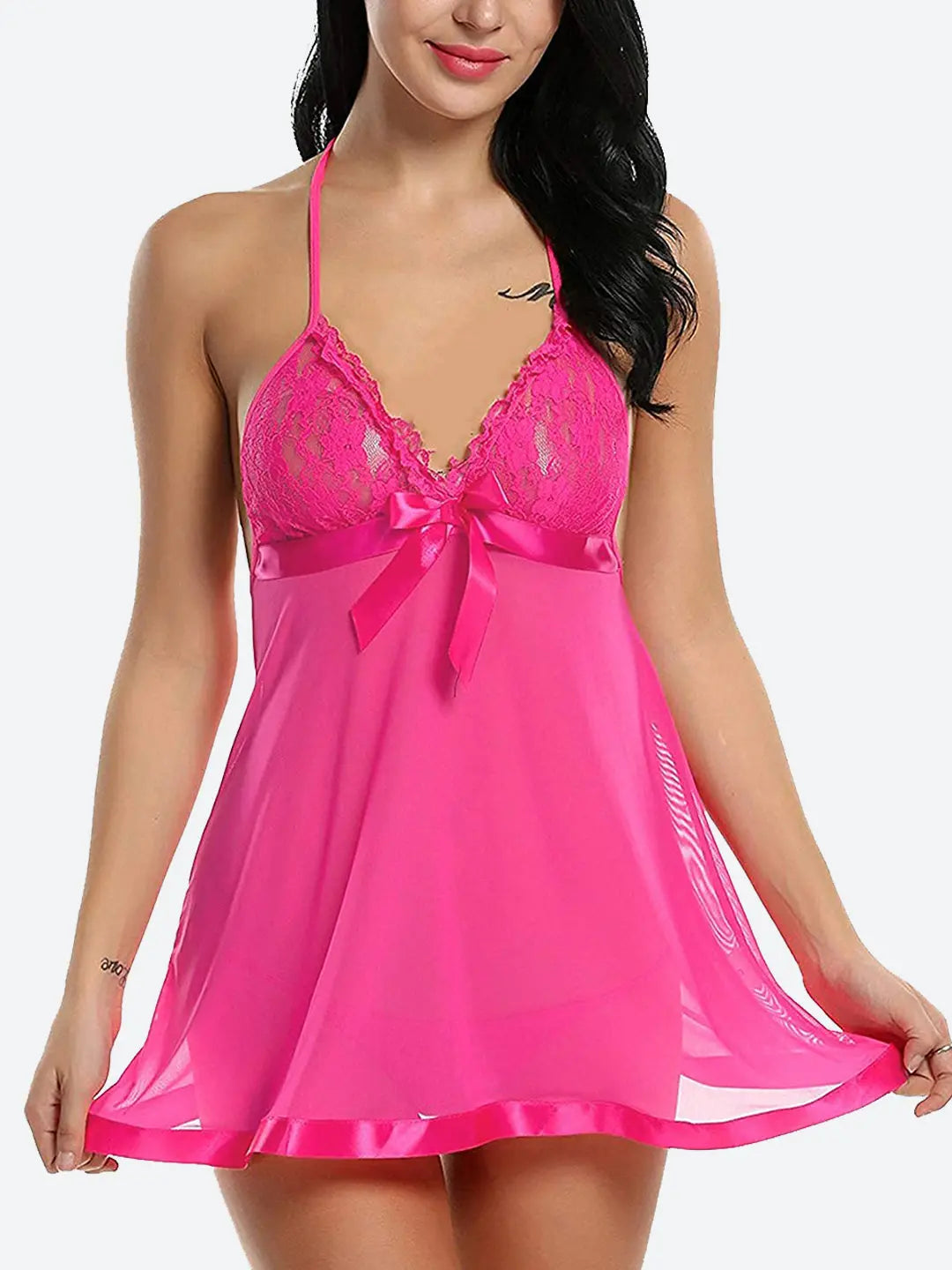 Women&#39;s Lace Sheer Babydoll Lingerie with Satin Trim – Halter Neck Sexy Nightwear - luxuriesbliss