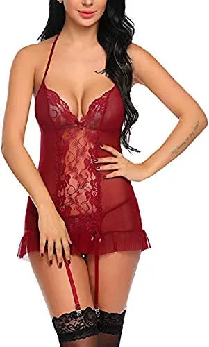Lace Sheer Babydoll with Adjustable Garters and Deep V-Neck - Available in Red and White - luxuriesbliss