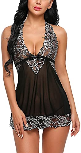 Lingerie Set Sexy Babydoll Nightwear in Black, Blue and Maroon Colors - Sheer Lace Sleepwear with Adjustable Straps"